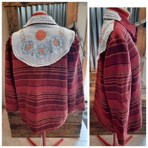 Upcycled linen bl jacket 14 cranberry Rena Rowan vtg doily